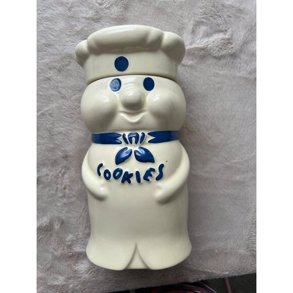 Pillsbury Doughboy Ceramic Cookie Jar 12" White & Blue Vintage Kitchen Decor - Picture 1 of 9